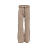 Ermanno Firenze taupe knit wide-leg trousers with elastic waistband and drawstring tie for cozy, elegant comfort. Shop the Latest Online.