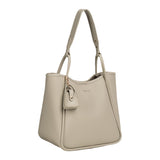 Studio product photograph of the Cerruti 1881 women's Ariel tote bag in ice grey grained leather, showcasing its adjustable shoulder strap and detachable micro-bag charm against a plain white background.
