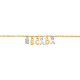 A detailed linear macro shot focusing on the center of the Escada Belle bracelet, highlighting the crystal-paved letter E alongside the alternating gold and silver-tone alphabet charms spelling the brand name.
