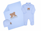 Light blue baby sleepsuit set including a long-sleeved sleepsuit with integrated footies, a matching blanket, and a coordinat