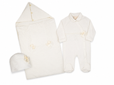 White newborn sleepsuit set including a footed sleepsuit, matching swaddle, and hat, all with lace trim and ribbon bows.