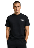 Karl Lagerfeld men's black crewneck T-shirt with white stacked logo print on the left chest.