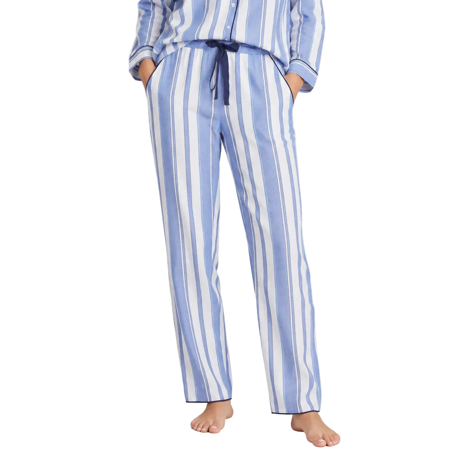 Blue and white striped pyjama bottoms with a relaxed fit, elasticated waistband, and navy drawstring.