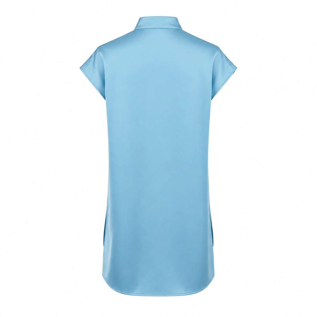 Aqua blue midi dress with a band collar, short cap sleeves, and a rounded hem with side slits. Smooth, slightly shiny fabric.
