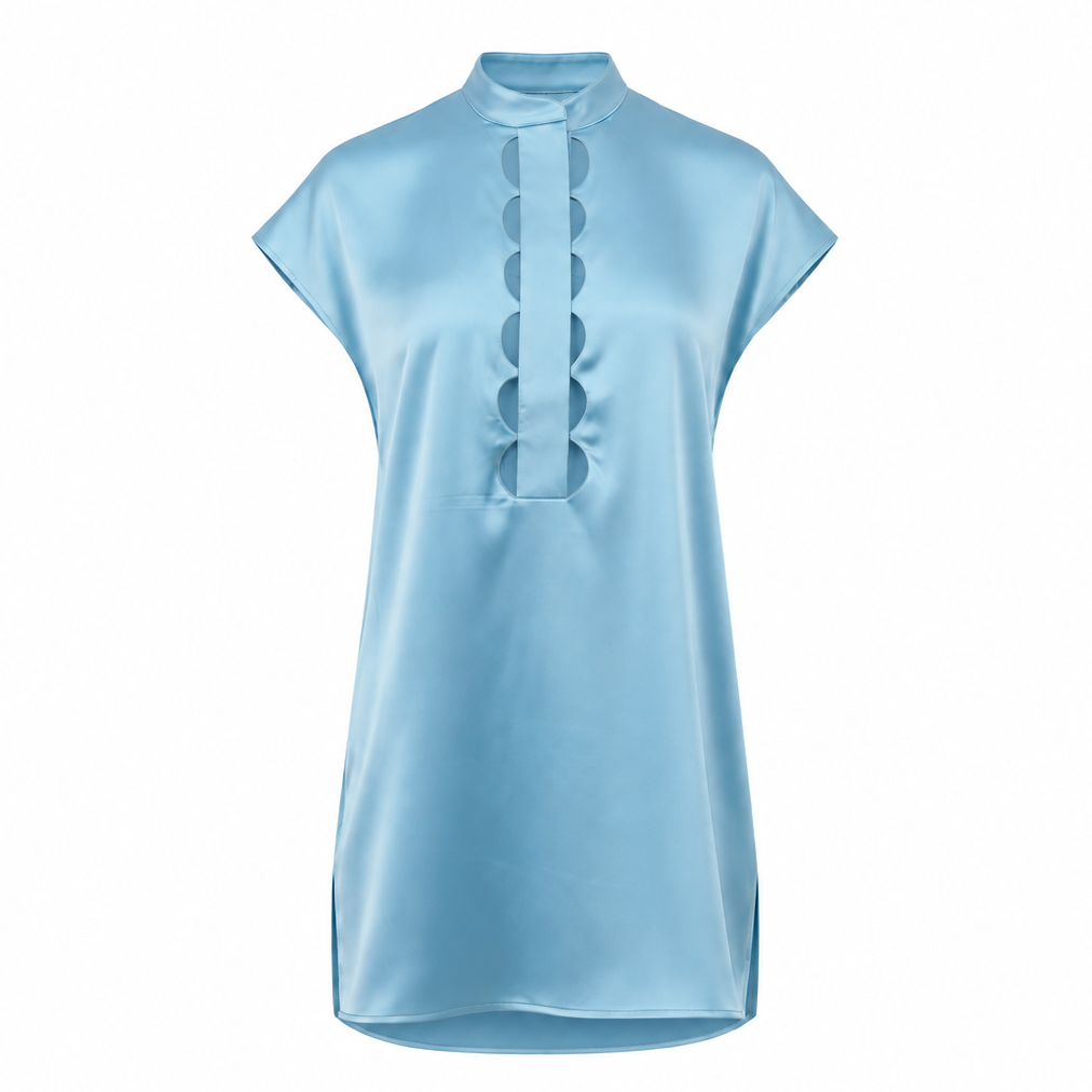 Light aqua midi dress with a stand collar, short cap sleeves, and a scalloped cut-out detail on the front neckline.