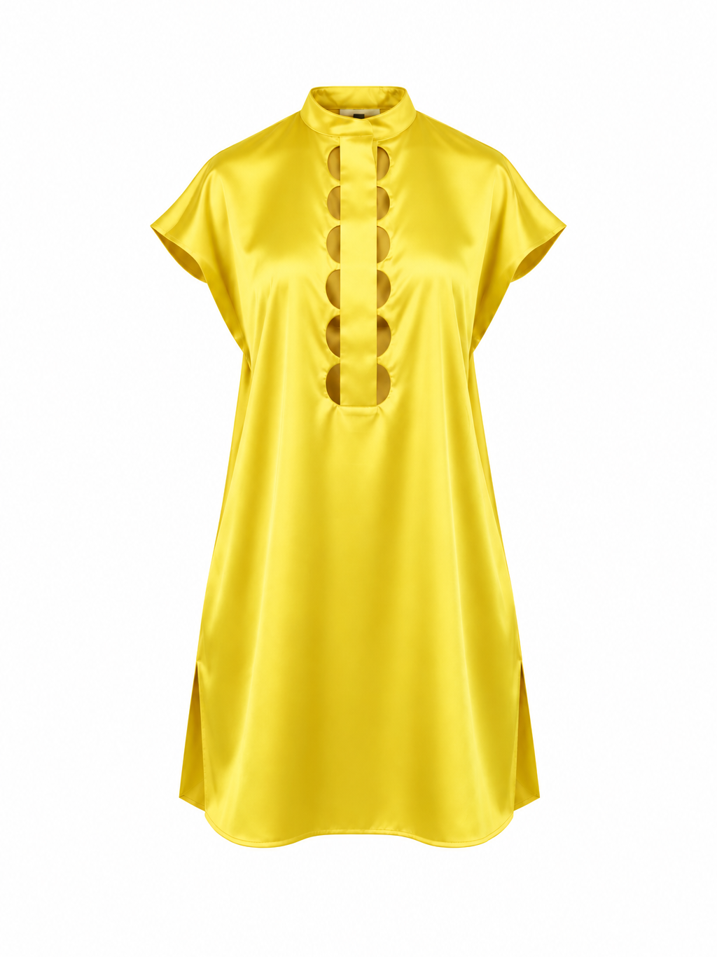 Yellow midi dress with a high stand collar, short cap sleeves, and a front placket with circular cut-outs.