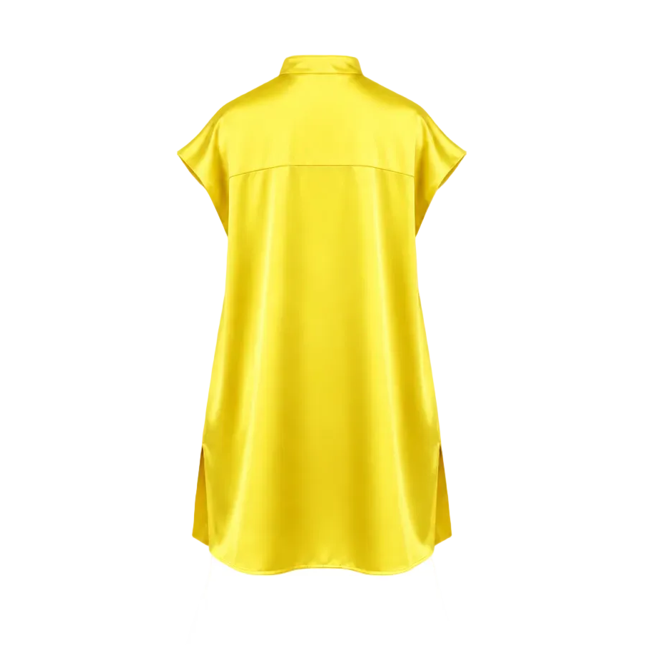 Silky yellow midi dress with a stand-up collar, short wide sleeves, back yoke, and side slits at a curved hem.