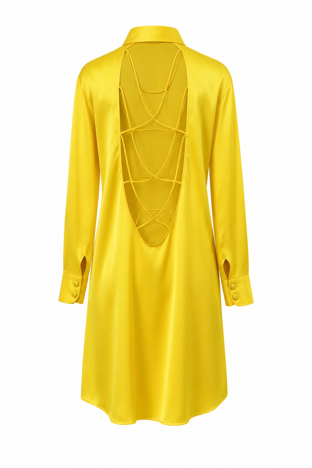 Yellow silk shirt dress with a collar, long sleeves, buttoned cuffs, and an open back with crisscross straps.