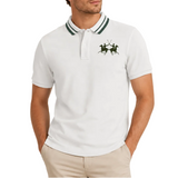 Optic white short-sleeved polo shirt with dark green striped ribbed collar and dark green embroidered La Martina logo on ches