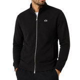 Black full-zip sweatshirt with a stand-up collar, silver-toned zipper, white embroidered logo on the left chest, and two fron