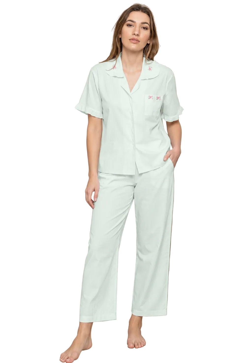 Pale mint green cotton lawn pyjama set with short-sleeved shirt, frilled sleeves, and pink rose embroidery.