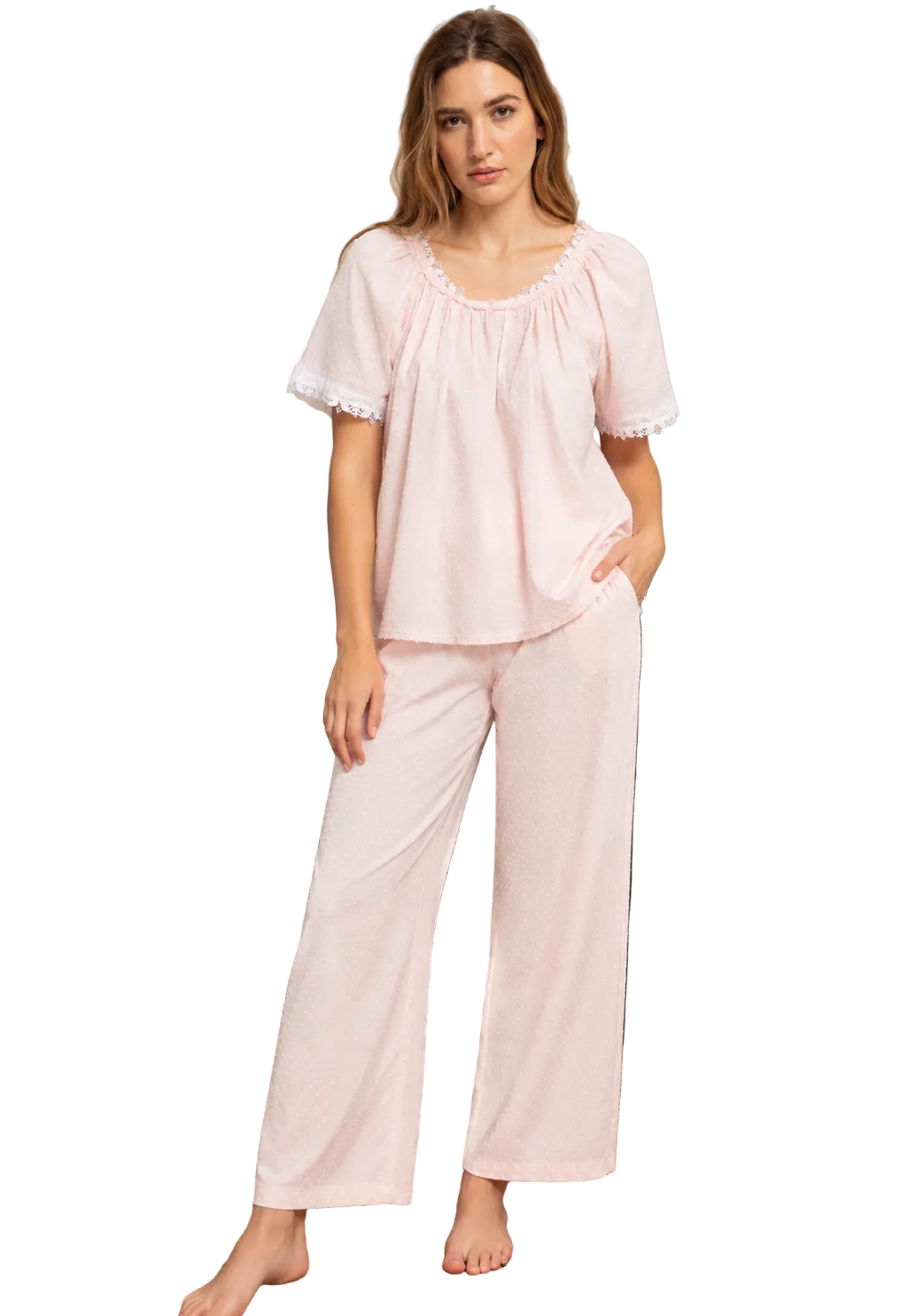 Pale pink SuperVoile Swiss dot pyjama set with short-sleeve top and wide-leg trousers, featuring lace trim.