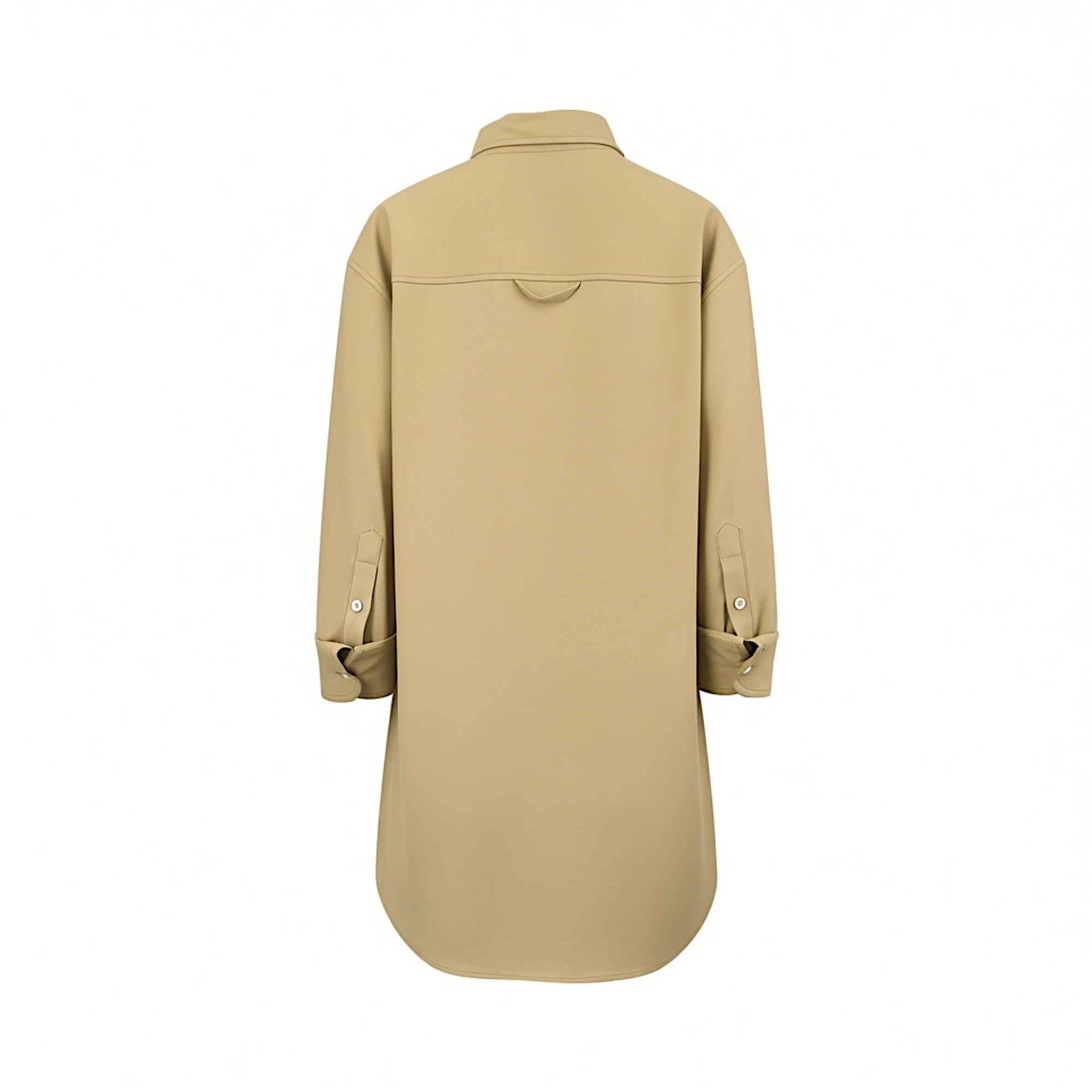 Back studio view of the Citizens of Humanity beige long-sleeve shirt, highlighting the clean back yoke stitch line, locker loop detail, and flowing high-low hemline.