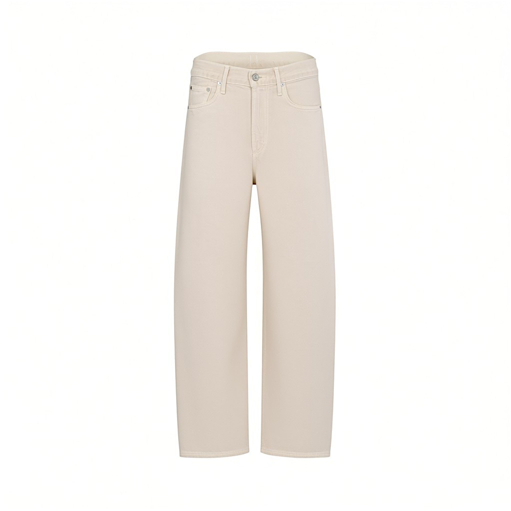 Front studio view of Citizens of Humanity ecru wide-leg jeans, displaying the high-rise waist and relaxed straight silhouette against a white background.