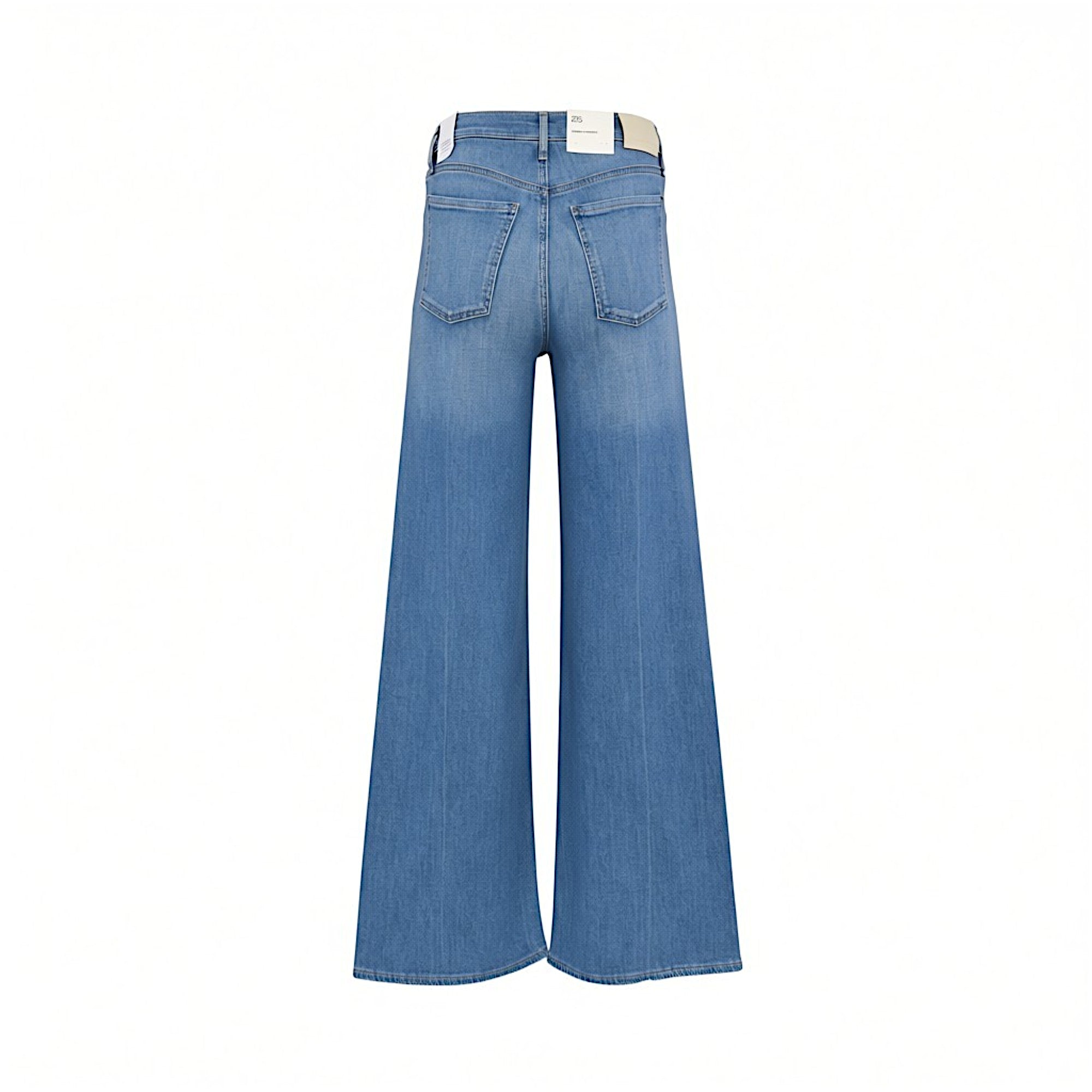 Back view of Citizens of Humanity medium wash blue wide-leg jeans, showcasing the high-rise silhouette, dual rear patch pockets, and retail tags against a white background.