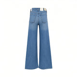 Back view of Citizens of Humanity medium wash blue wide-leg jeans, showcasing the high-rise silhouette, dual rear patch pockets, and retail tags against a white background.