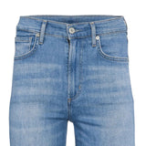 Close-up detailed view of the front waistband on the Citizens of Humanity denim jeans, highlighting the zip fly, silver top button closure, and light whiskering.