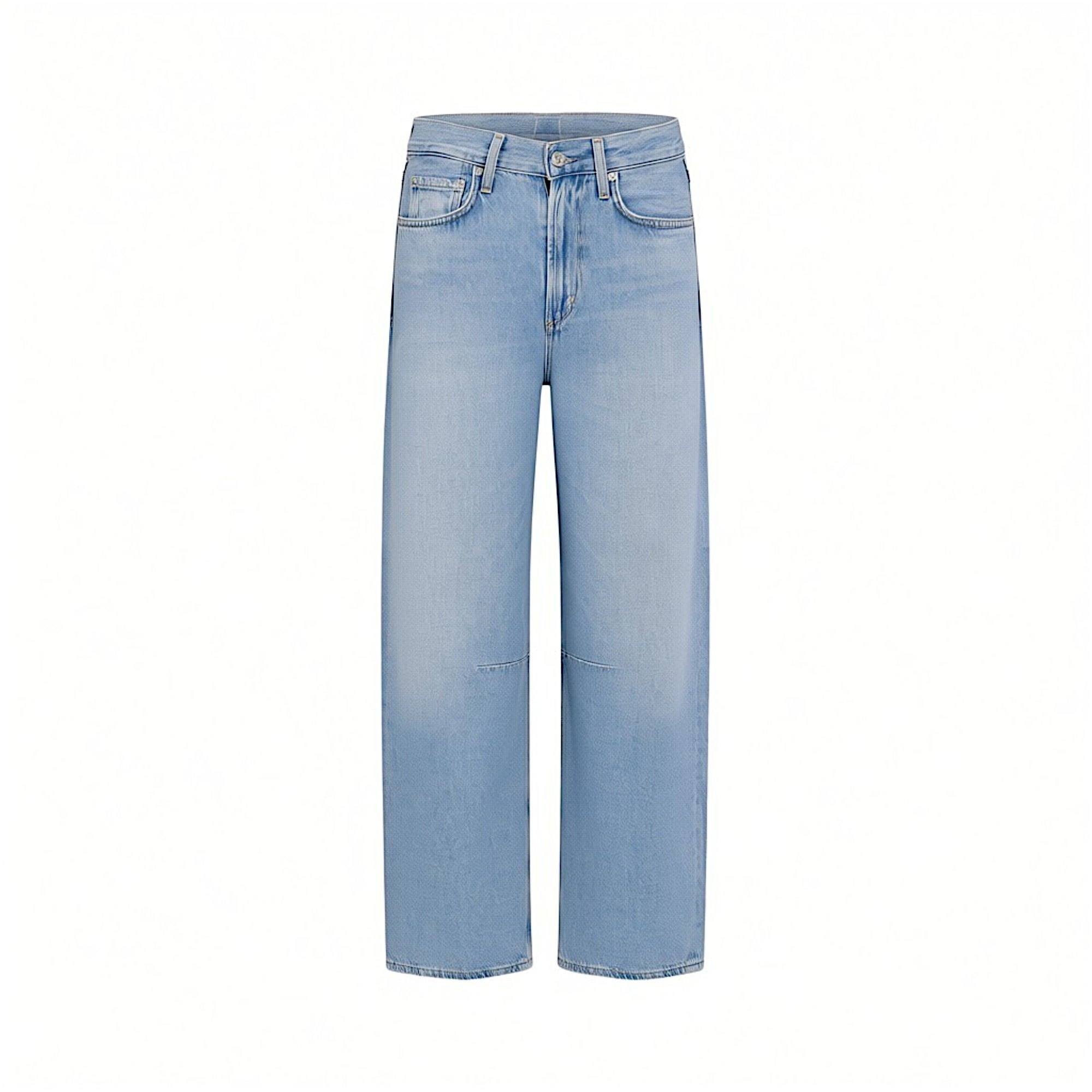Front studio view of a pair of Citizens of Humanity light wash blue wide-leg jeans, showcasing the high-rise waist and relaxed straight fit against a white background.