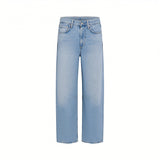 Front studio view of a pair of Citizens of Humanity light wash blue wide-leg jeans, showcasing the high-rise waist and relaxed straight fit against a white background.