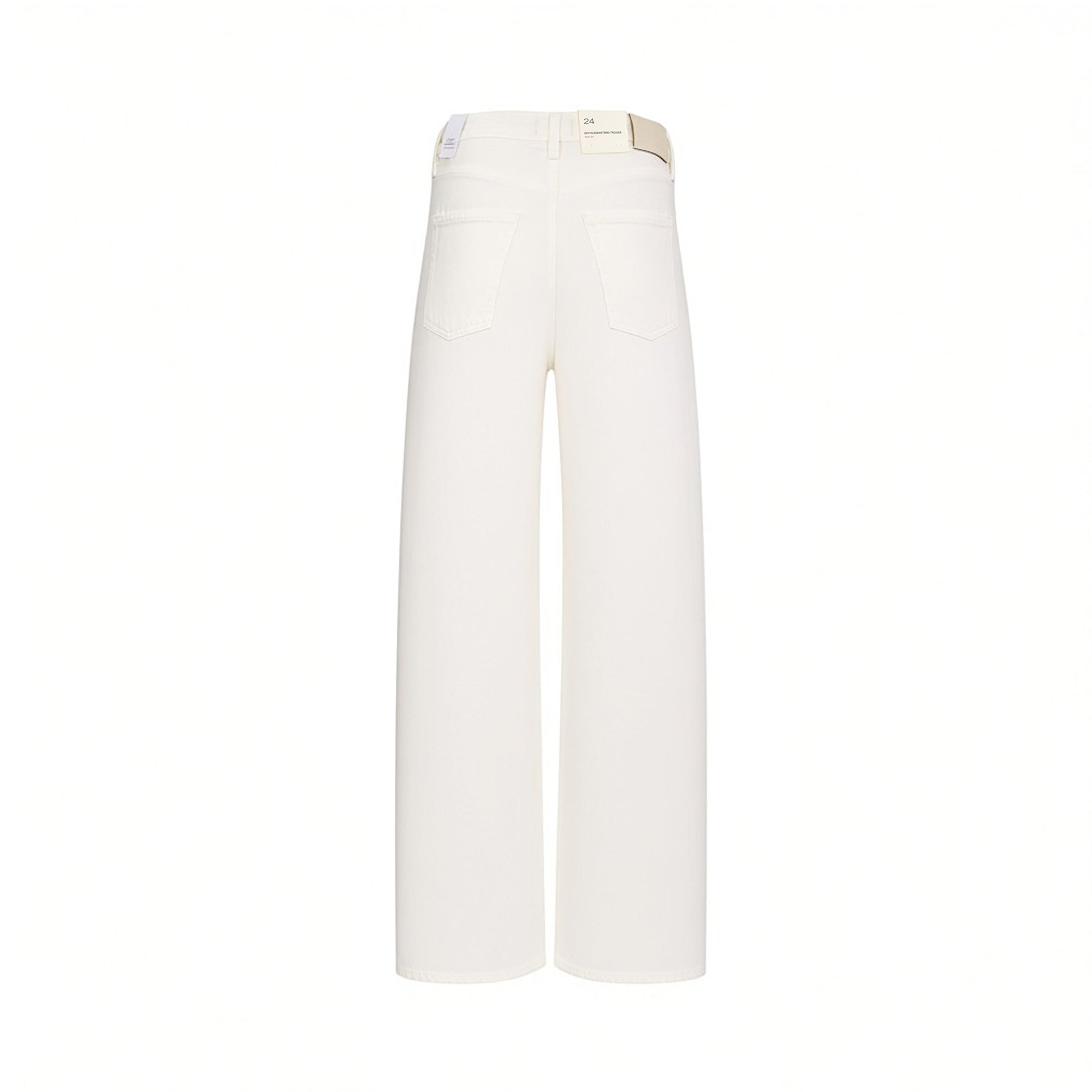 Back studio view of Citizens of Humanity white trousers, showcasing the clean high-waisted tailoring, smooth rear patch pockets, and paper size label against a white background.