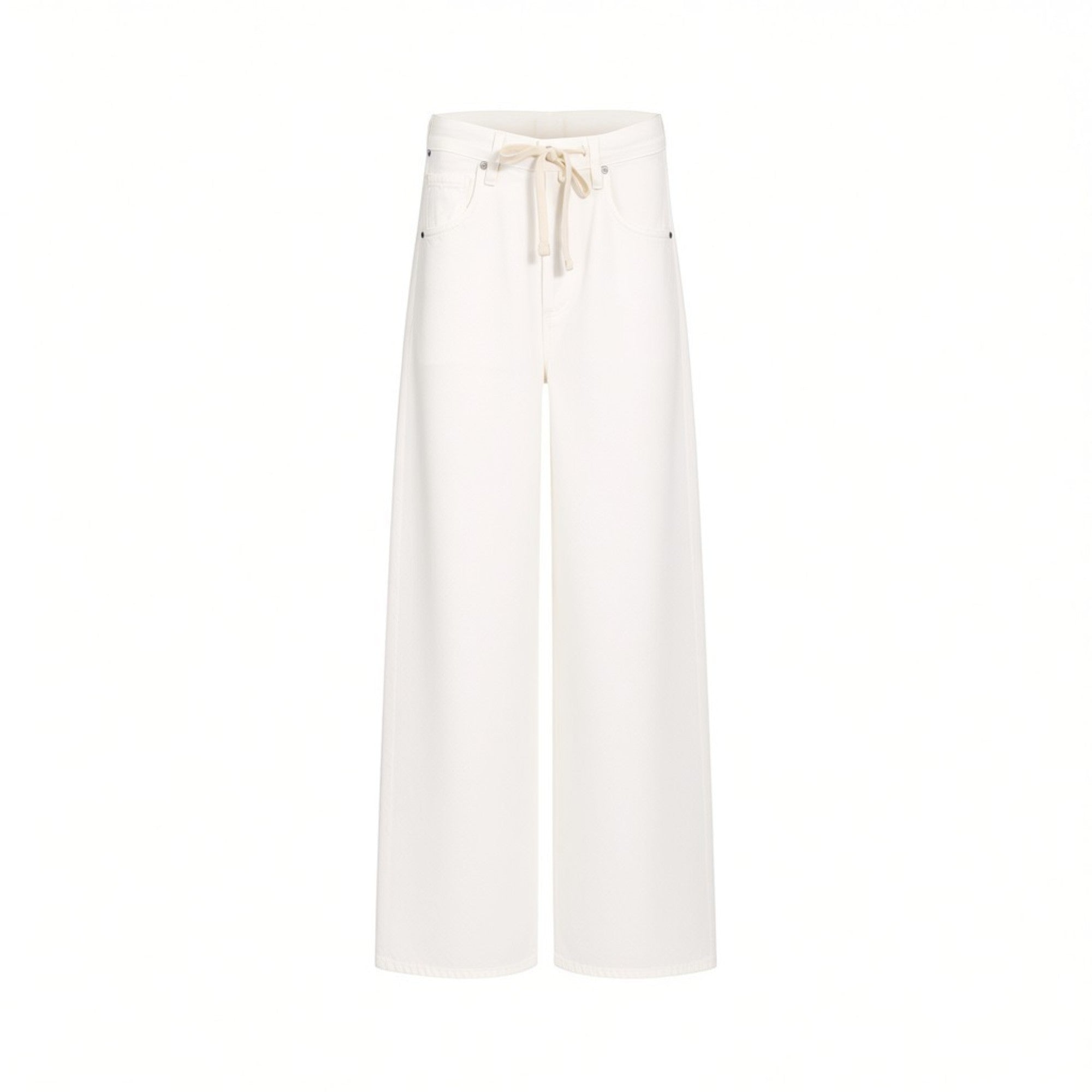 Front studio view of Citizens of Humanity white wide-leg trousers, displaying the high-rise waist, classic five pockets, and integrated drawstring tie against a white background.