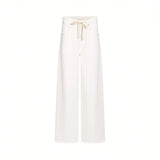 Front studio view of Citizens of Humanity white wide-leg trousers, displaying the high-rise waist, classic five pockets, and integrated drawstring tie against a white background.