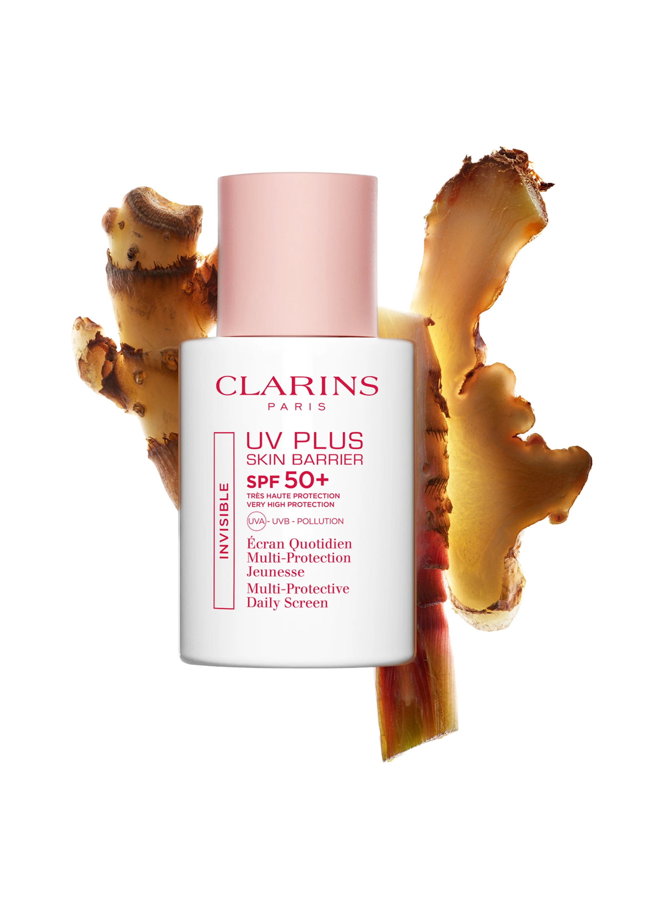 Clarins UV Plus Skin Barrier SPF 50+ Invisible 30ml lightweight daily sunscreen with UVA UVB protection Available for Online Purchase at Blue Salon Qatar GCC