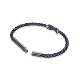 Side perspective view of the closed IP gunmetal magnetic closure mechanism integrated smoothly into the navy leather strands.