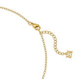 A detailed close-up studio photograph of the necklace closure system, displaying the gold-plated lobster claw clasp connected to the adjustable extender loops and finished with the signature cutout EE logo tail tag.