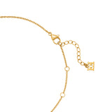 A detailed close-up shot of the necklace closure layout, displaying the gold-plated lobster claw clasp, the integrated sizing links along the extender track, and the solid signature double-E logo end tag.