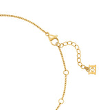 A close-up studio photograph of the necklace closure system, showcasing the gold-plated lobster claw clasp, integrated adjustment loops along the chain, and the suspended signature golden double-E logo tag.