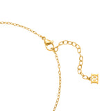 A close-up studio photograph of the necklace closure track, displaying the yellow gold-plated lobster claw clasp, the integrated sizing links along the extender chain, and the hanging signature cutout EE logo tag.