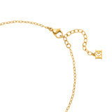 A detailed close-up studio shot of the necklace closure system, showcasing the gold-plated lobster claw clasp, the adjustable extender loops, and the hanging signature cutout EE logo tail tag.