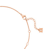 A close-up studio photograph of the necklace closure system, showing the rose gold-plated lobster claw clasp, multiple positioning jump rings along the chain track, and the dangling signature brand charm.