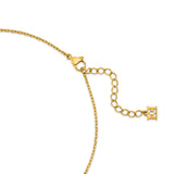 A close-up view of the necklace closure system, showcasing the polished gold-plated lobster claw clasp, the adjustable link extender chain, and the hanging signature logo mini charm.