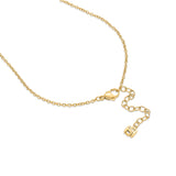 Close-up view of the necklace's closing hardware, displaying the high-polished gold-plated lobster clasp, adjustable extender links, and the branded terminal SH logo finial.