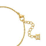 A high-detail macro shot focusing on the polished gold-plated lobster claw closure, the links of the adjustable extension chain, and the suspended flat Escada monogram logo tag charm.