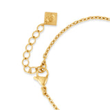 Detailed view of the gold-plated lobster claw clasp mechanism, multi-ring extender links, and square logo-engraved closure tag.