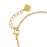 Detailed perspective view of the gold-plated lobster claw clasp mechanism, extension links, and the square logo signature closure tag.