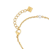 Focused view of the gold-plated lobster claw clasp mechanism, extension rings, and square logo-engraved closure plaque on the Celeste bracelet.