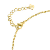 Detailed perspective of the gold lobster claw clasp, adjustable ring extender chain, and the branded square closure plaque.