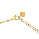 Detailed view of the gold-plated lobster claw clasp mechanism, adjustable extension links, and the square logo-engraved closure tag.