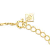 Focused product view of the gold-plated lobster claw closure mechanism, extension rings, and the square house logo signature tag.