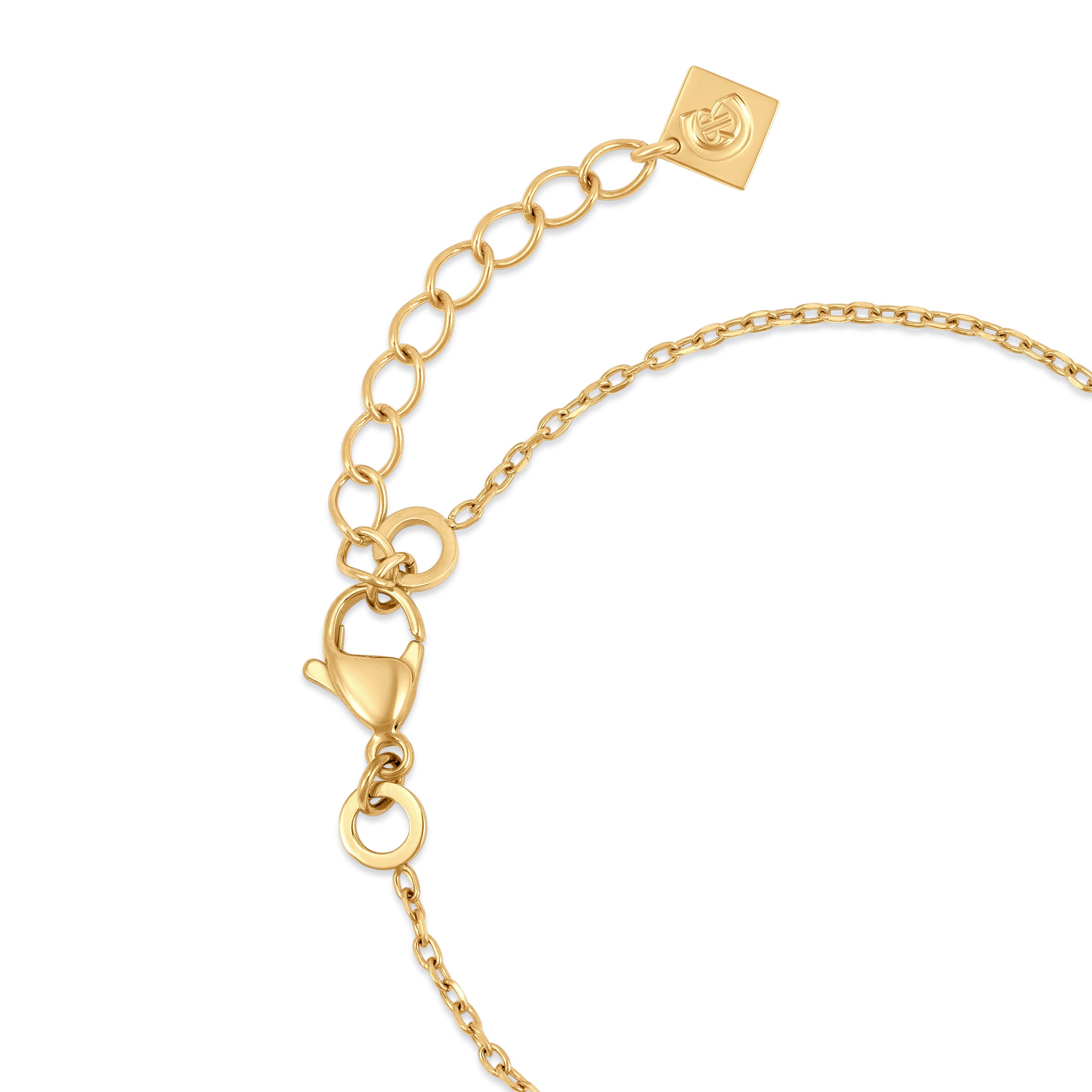 Detailed view of the gold lobster clasp, adjustable extension chain, and the square logo-stamped closure tag on the Cerruti 1881 bracelet.