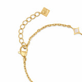 Detailed shot of the gold-plated lobster clasp, adjustment links, and the square logo-engraved closure tag on the Cerruti 1881 bracelet.