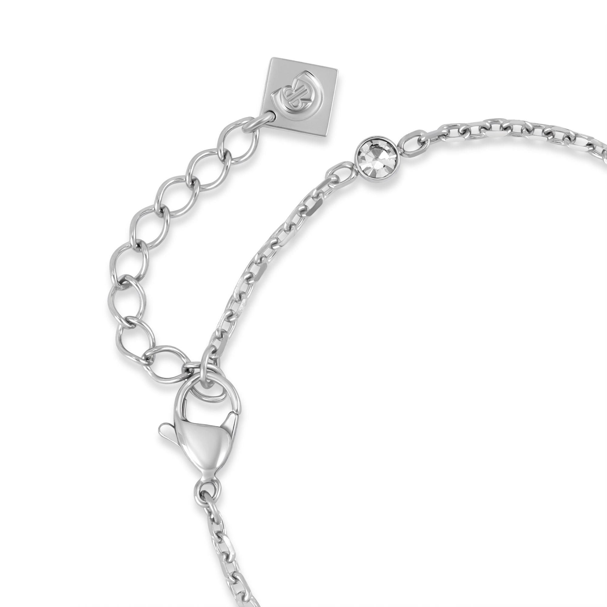 Detailed view of the stainless steel lobster claw clasp, adjustable ring links, and square logo-engraved closure tag on the Cerruti 1881 bracelet.