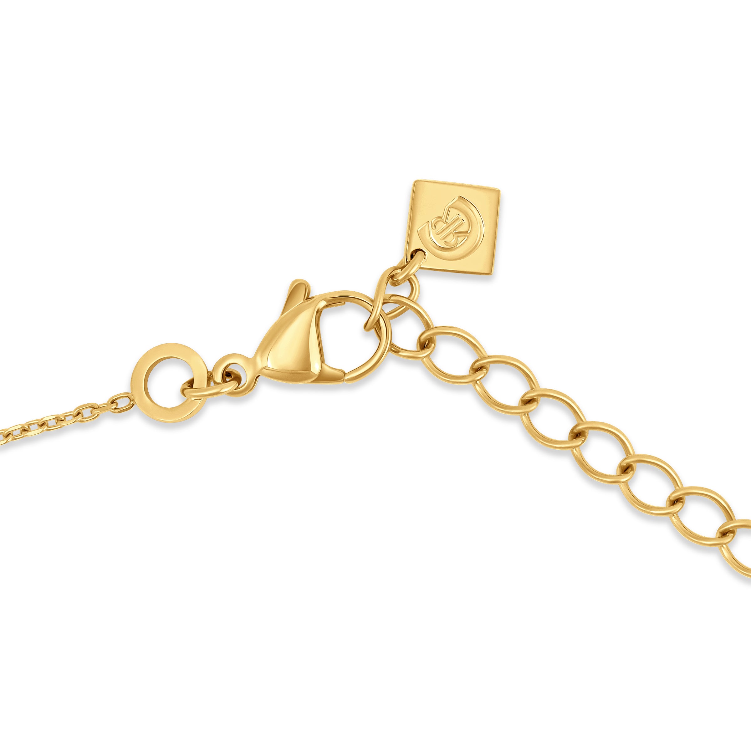 Detailed shot of the gold-plated lobster claw clasp, adjustable extension chain loops, and the square logo-stamped end plaque.