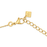 Detailed shot of the gold-plated lobster claw clasp, adjustable extension chain loops, and the square logo-stamped end plaque.
