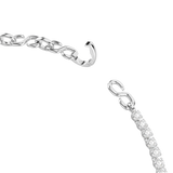 A detailed macro product close-up of the Swarovski Matrix necklace closure, demonstrating the custom open hook mechanism built smoothly into the final rhodium-plated S-link segment.