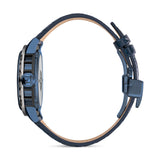 Full side profile view demonstrating the structural open-work cuts along the midcase and the integrated blue butterfly deployment clasp.